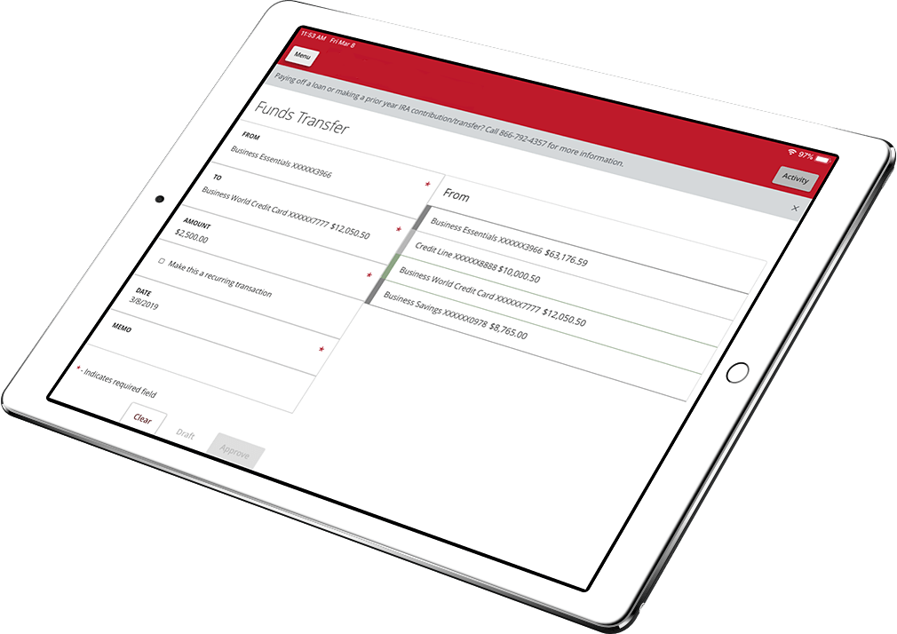 Tablet with Ariston Credit Union funds transfer on the screen